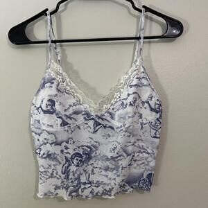 blue and white angel print lace cami top